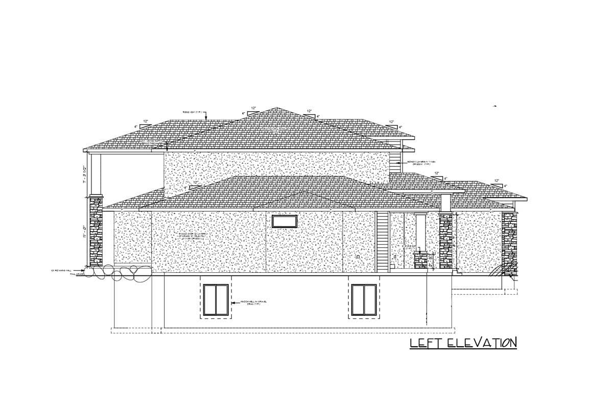 Left elevation drawing of a two-story house with multi-level rooflines, stone accents, and a covered porch.