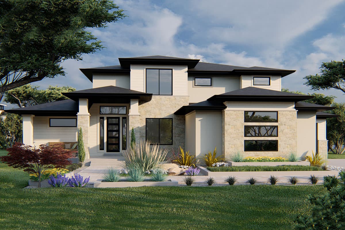 House plan exterior. Two-story modern home with flat roof, stone facade accents, and prominent windows. Features covered entry and multiple rooflines.