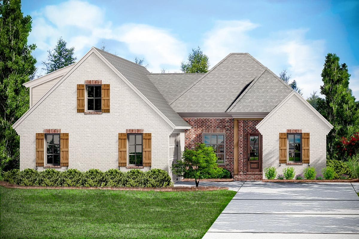 House plan exterior. One-story brick home with gabled roof, shuttered windows, and attached garage. Includes brick and wood exterior elements.