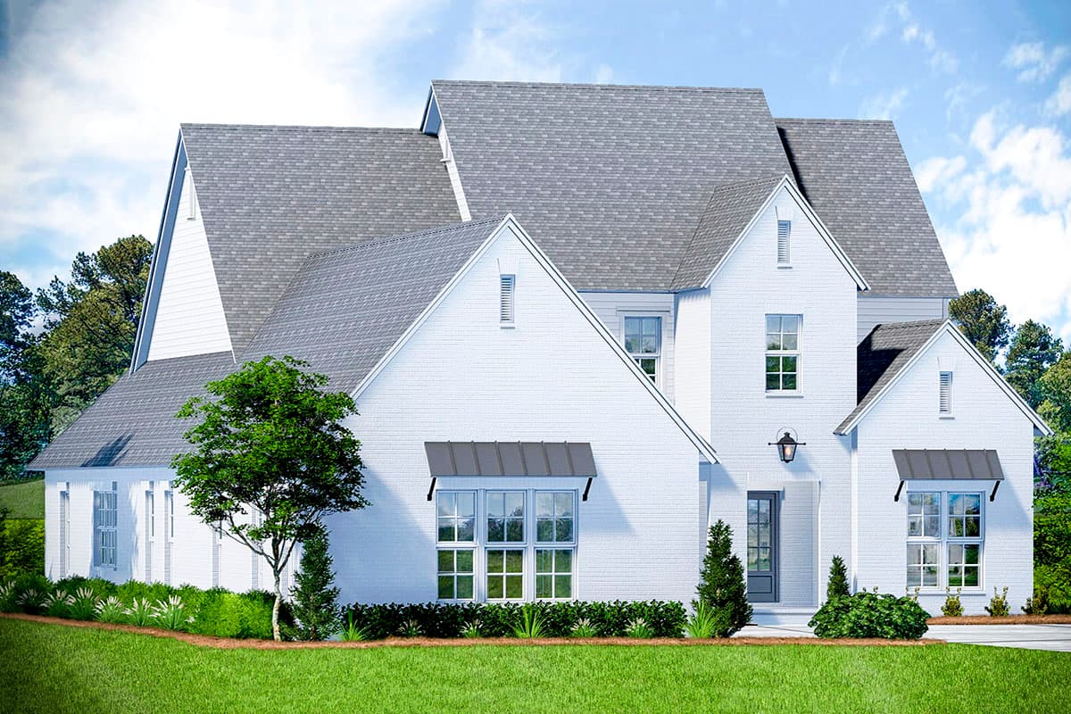 House plan exterior rendering of a two-story Modern Farmhouse with white brick, multiple gables, and metal awnings over windows.