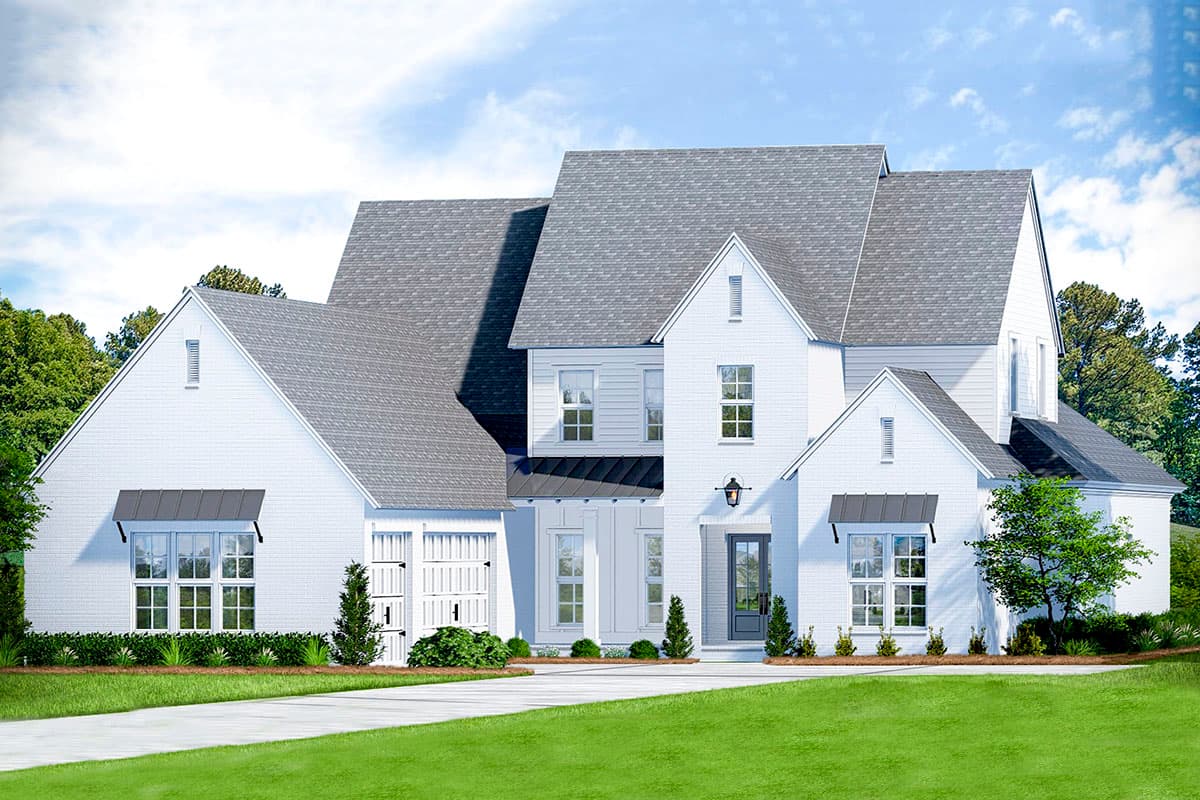 House plan exterior. Two-story Modern Farmhouse with gabled rooflines, brick facade, and front-facing garage with carriage-style doors.