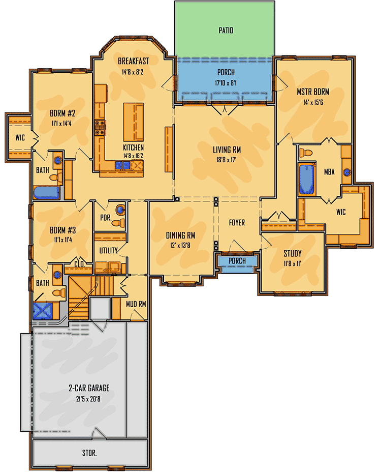 Plan 510116WDY: 3-Bed French Country House Plan with Bonus Room above Garage - 2546 Sq Ft - Floor Plan - Main Level - Acadian, European, French Country, Louisiana-Style, Southern, Traditional