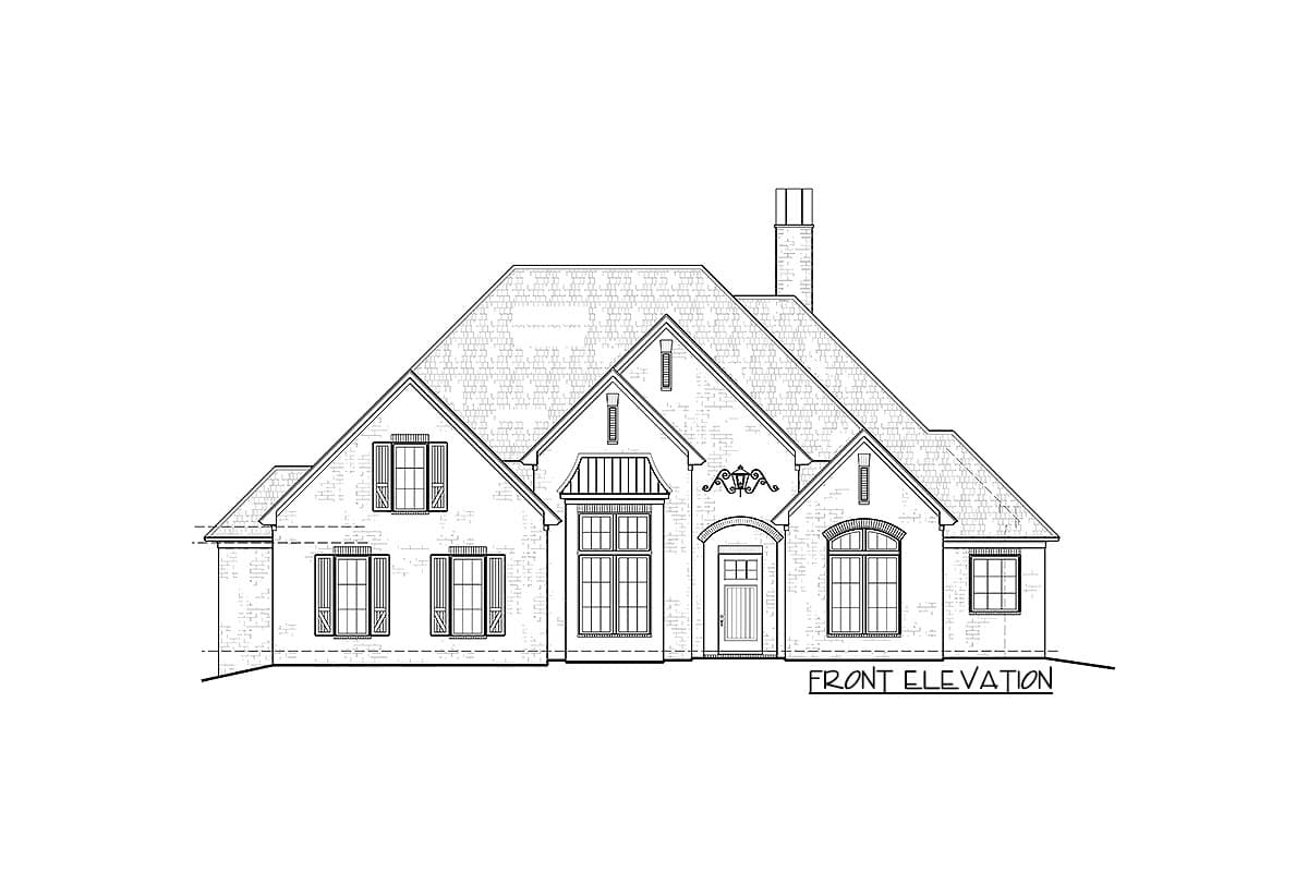 Front elevation drawing of a two-story house with multiple gables, a brick exterior, dormer windows, and a prominent chimney.