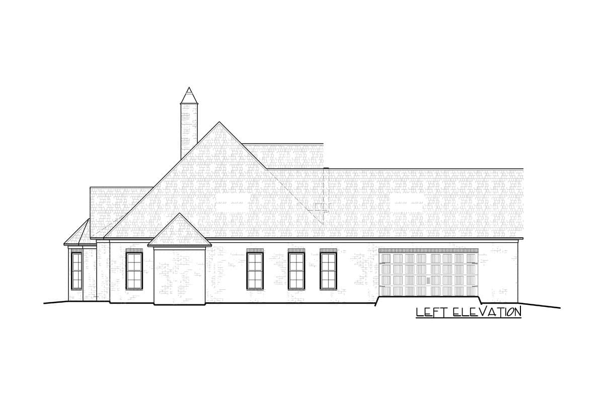 Left elevation house plan drawing showing a multi-level roof with dormers, a chimney, multiple windows, and a detached garage.