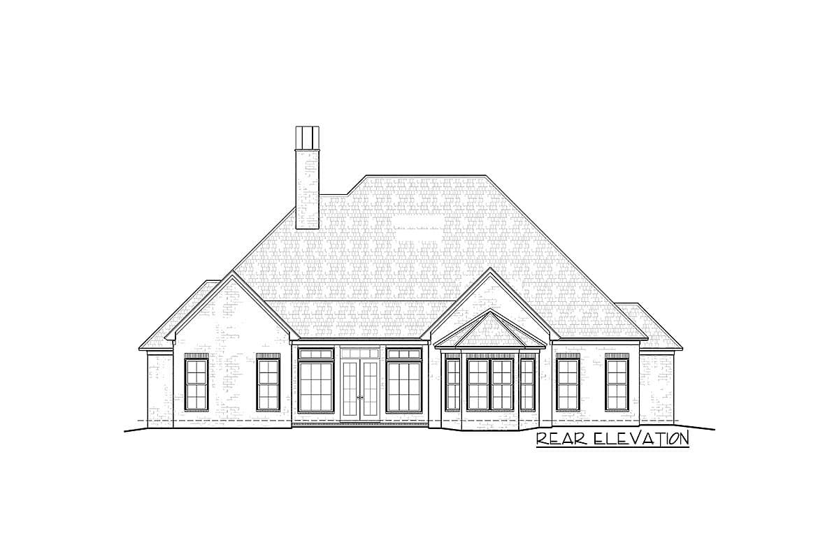 Rear elevation house plan with prominent chimney, multiple gables, and French doors.