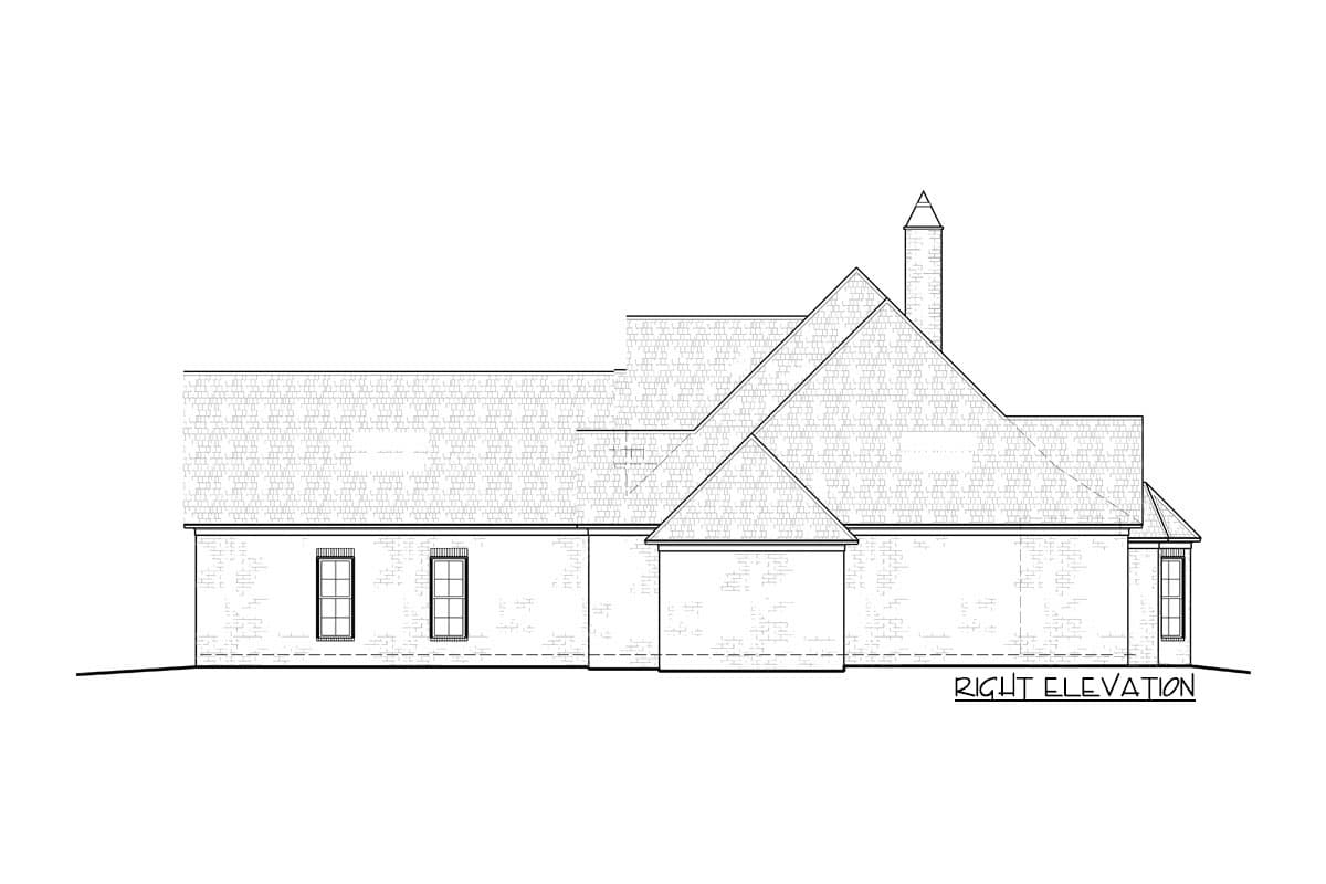 Right elevation house plan showing varied rooflines, a prominent chimney, and brick facade with rectangular windows.