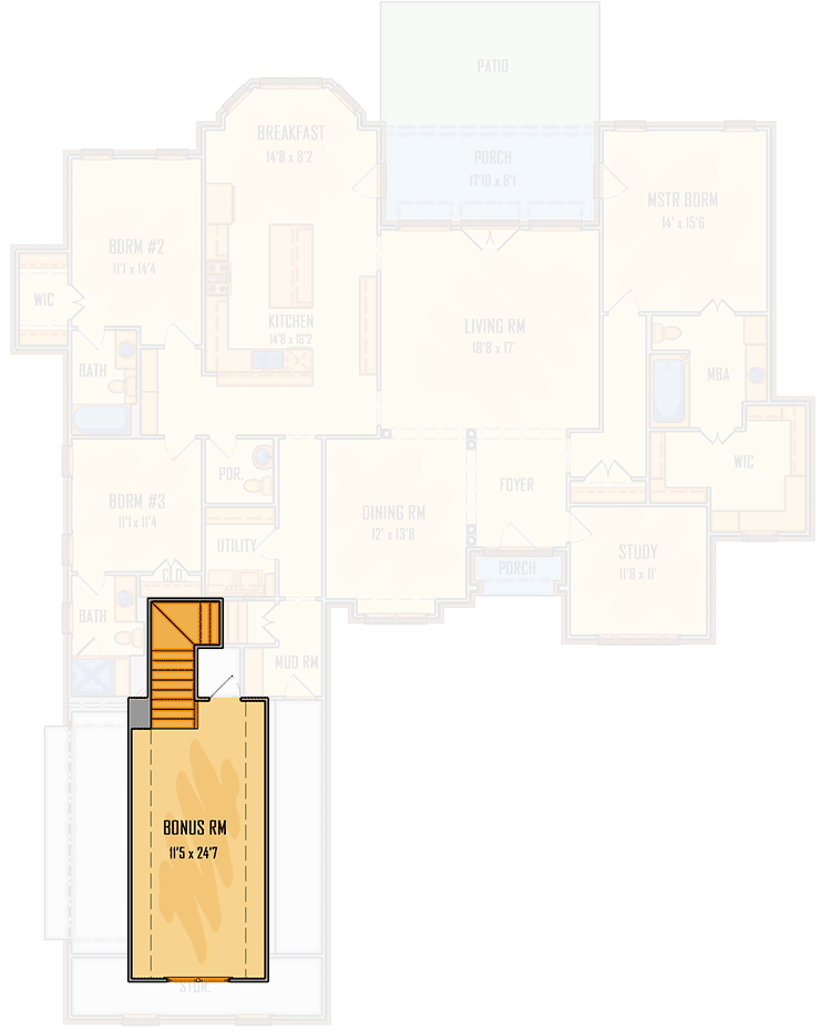 Plan 510116WDY: 3-Bed French Country House Plan with Bonus Room above Garage - 2546 Sq Ft - Floor Plan - Bonus Level - Acadian, European, French Country, Louisiana-Style, Southern, Traditional
