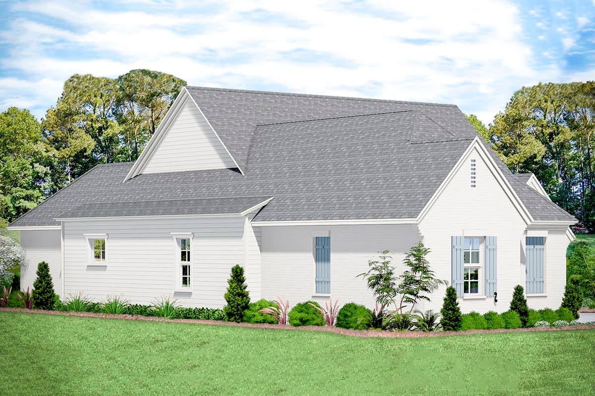 House plan exterior: One-story, white brick and siding, gable rooflines, dormer, and shuttered windows.