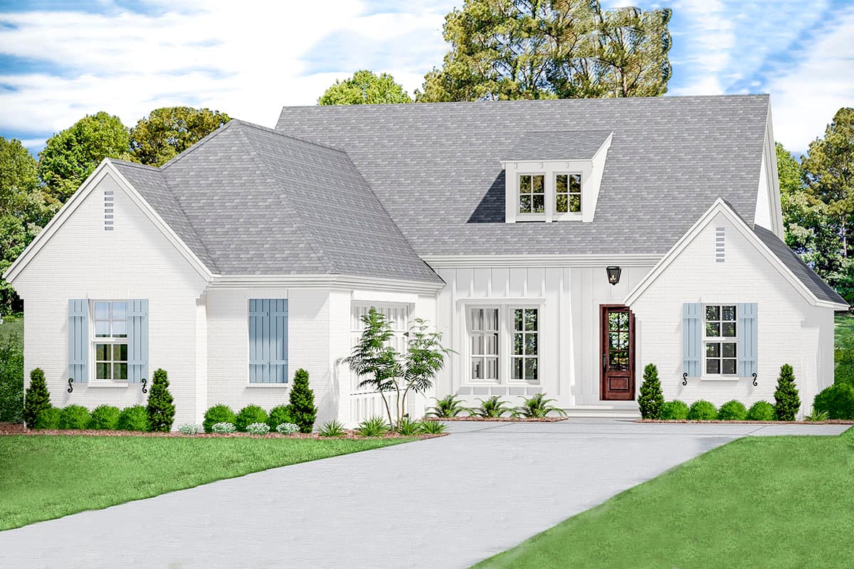 House plan exterior in Farmhouse style, with white brick facade. Features include gables, dormers, and a prominent roofline over a front porch.