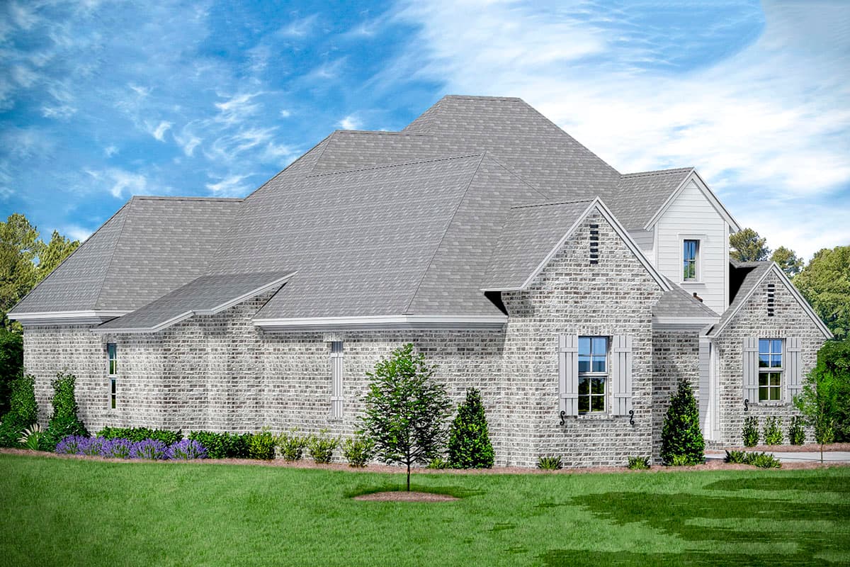 House plan exterior with brick facade, multiple gables, dormers, and complex rooflines.