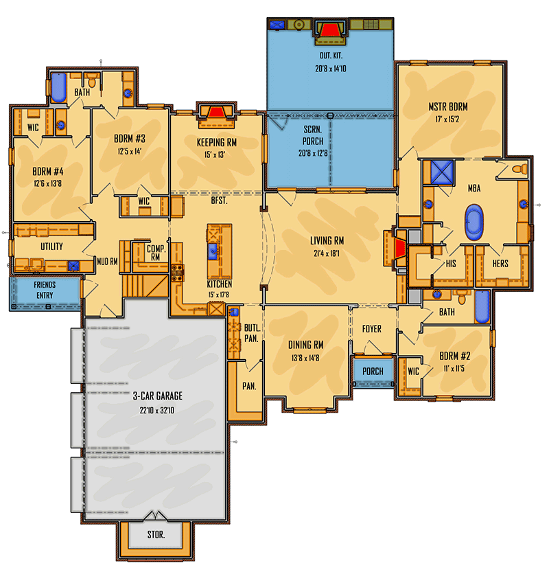 Plan 510119WDY: Lovely French Country House Plan with Screened Porch - Floor Plan - Main Level - Acadian, European, French Country, Louisiana-Style, Southern