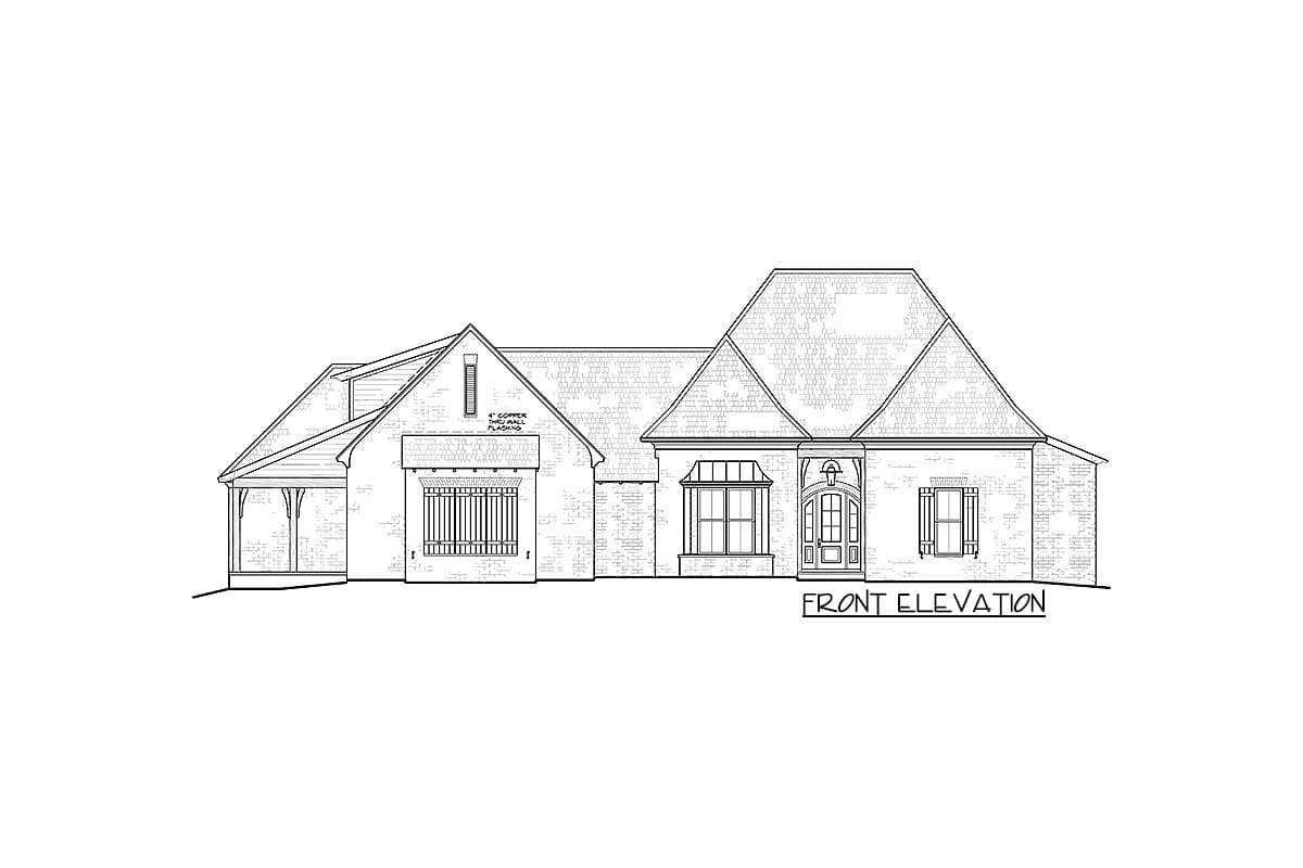 Front elevation drawing of a one-story house with a hip roof, arched entry, bay window, and covered side porch.