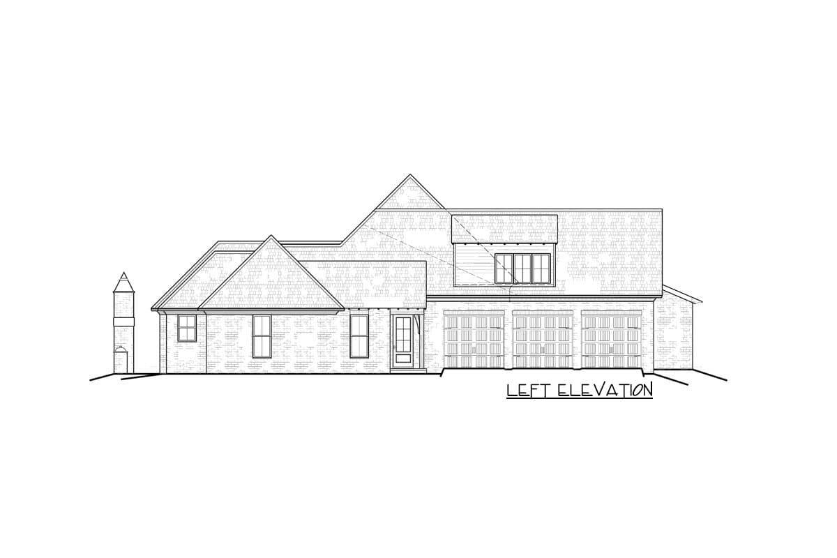Left elevation drawing of a two-story house plan with multiple gables, a dormer, and a three-car garage.