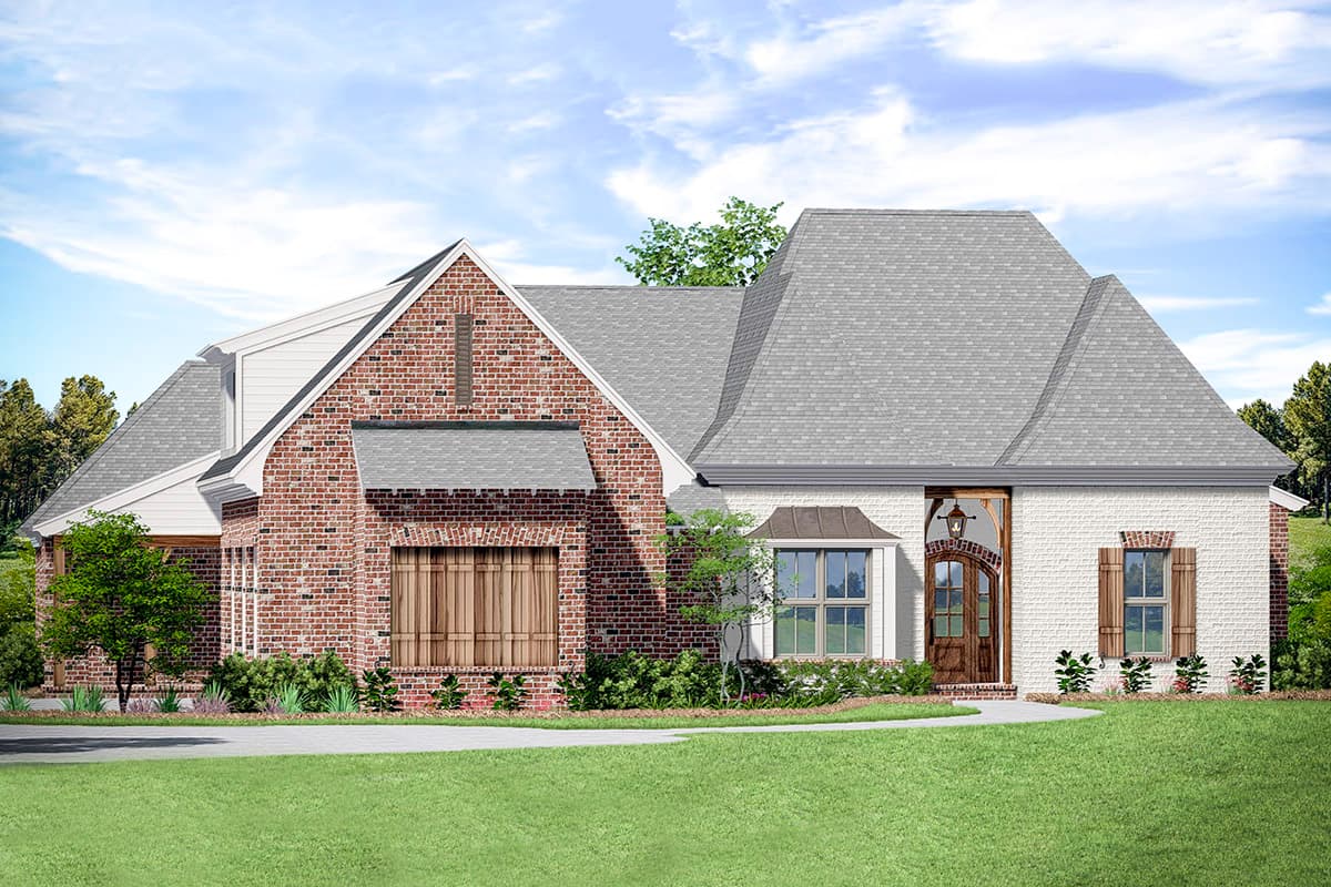 House plan exterior featuring a brick facade, multi-gabled roof, and arched doorway with a transom window. Includes decorative shutters.
