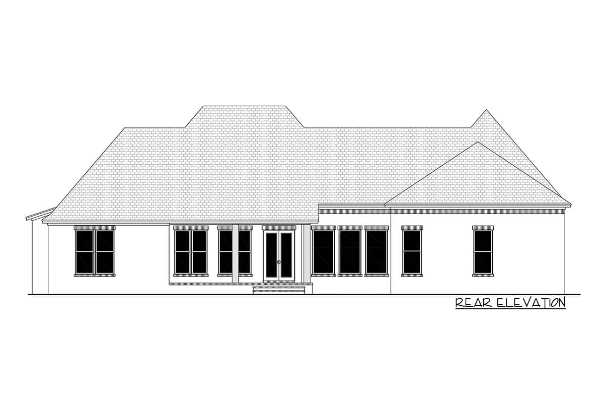 Rear elevation house plan with a hipped roofline, a central gable, and multiple windows.