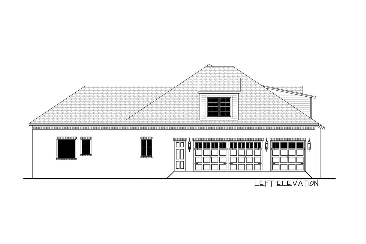 Left elevation house plan with three-car garage, dormer, and multiple windows.