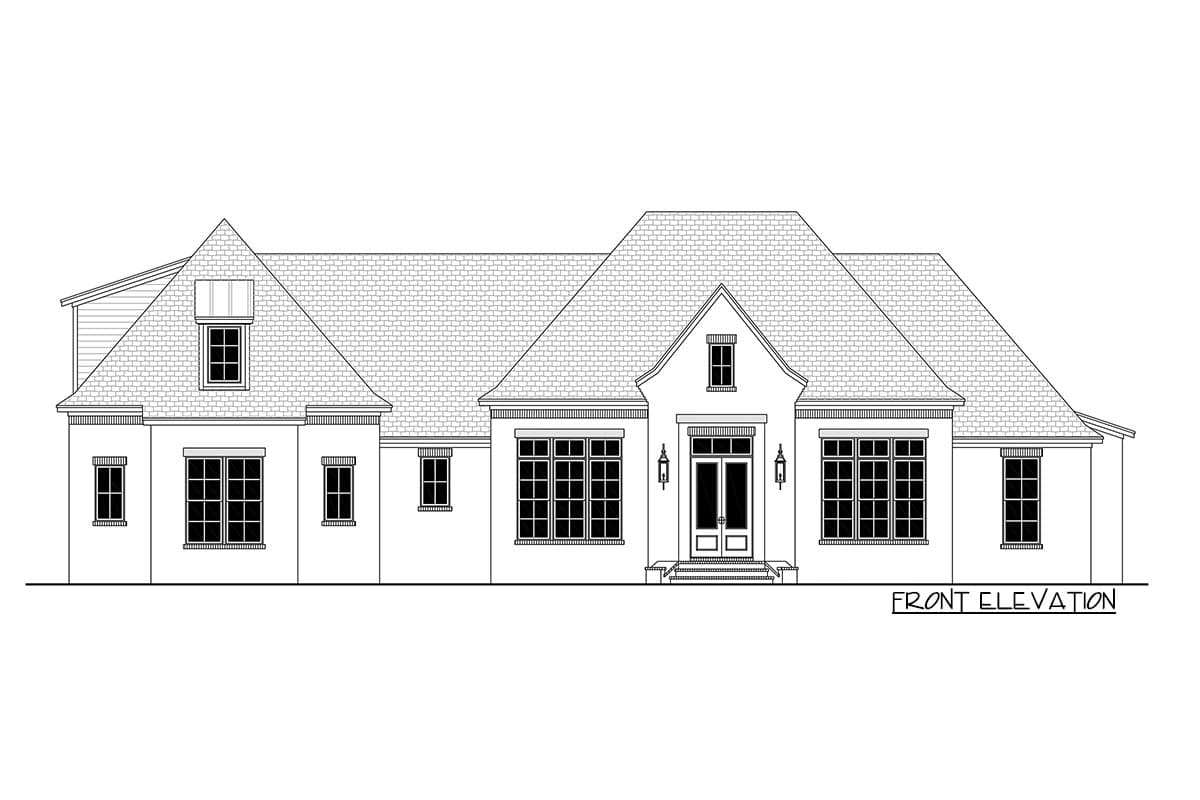 Front elevation drawing of a one-story house with a prominent gable over the entrance, multiple windows, and a dormer.