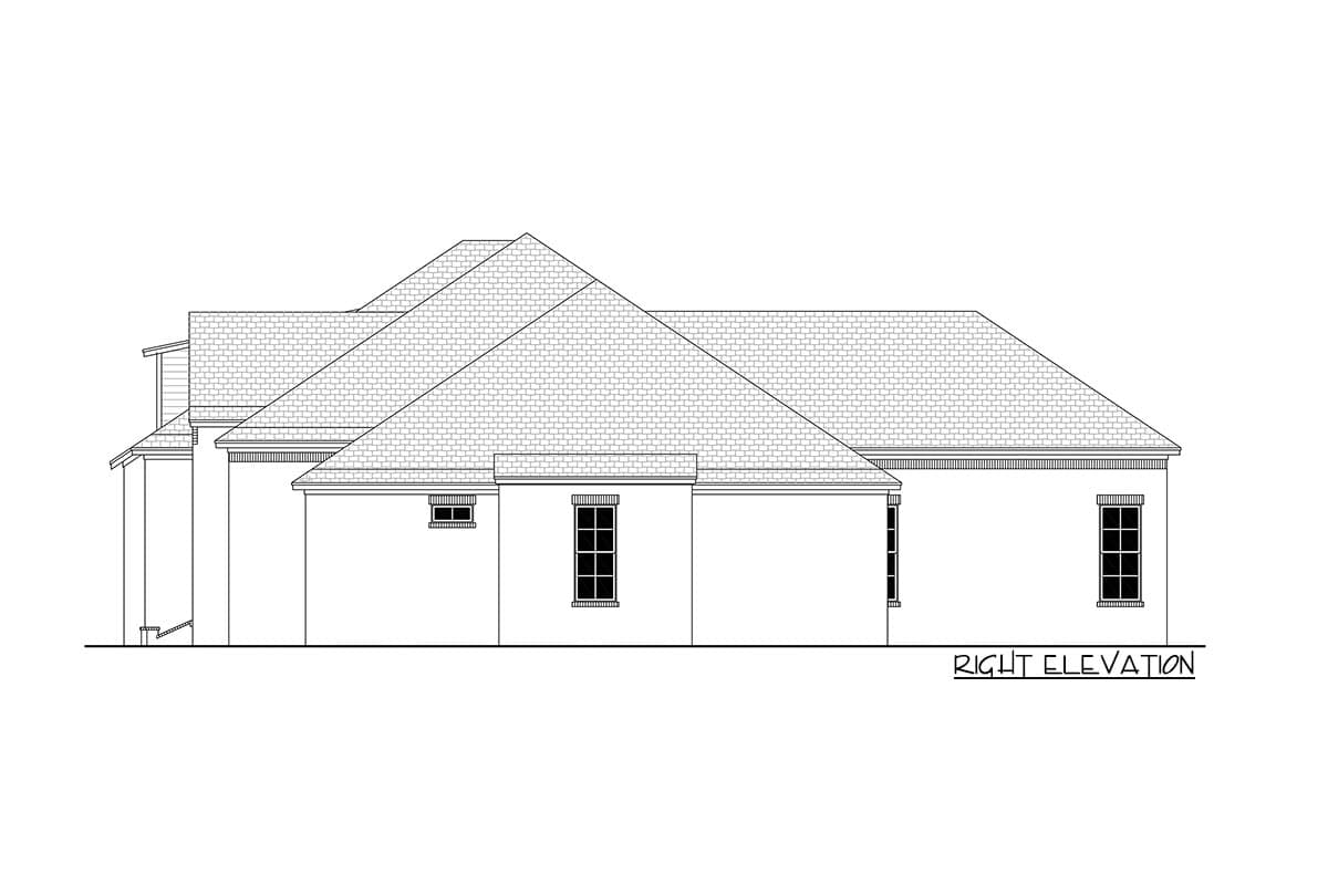 Right elevation of a single-story house plan. Shows hip roof, multiple windows, and a covered entry.