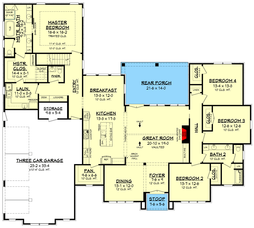 Plan 51813HZ: 4-Bed Open Concept French Country House Plan with Bonus Room Expansion - 3032 Sq Ft - Floor Plan - Main Level - Acadian, European, French Country, Louisiana-Style, Southern