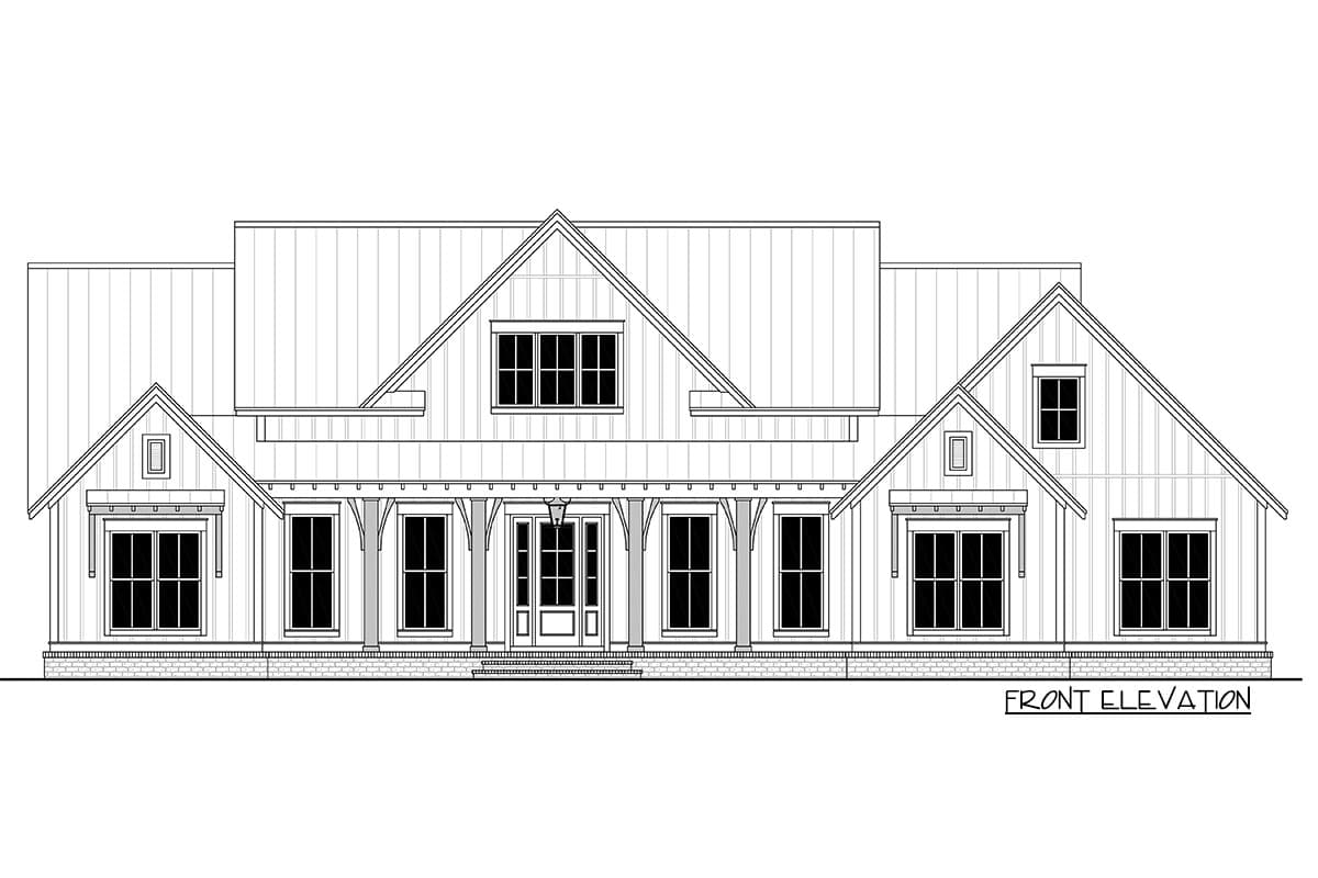 Front elevation of a two-story house with gabled roof, several windows, and a porch supported by columns. The drawing is in black and white.