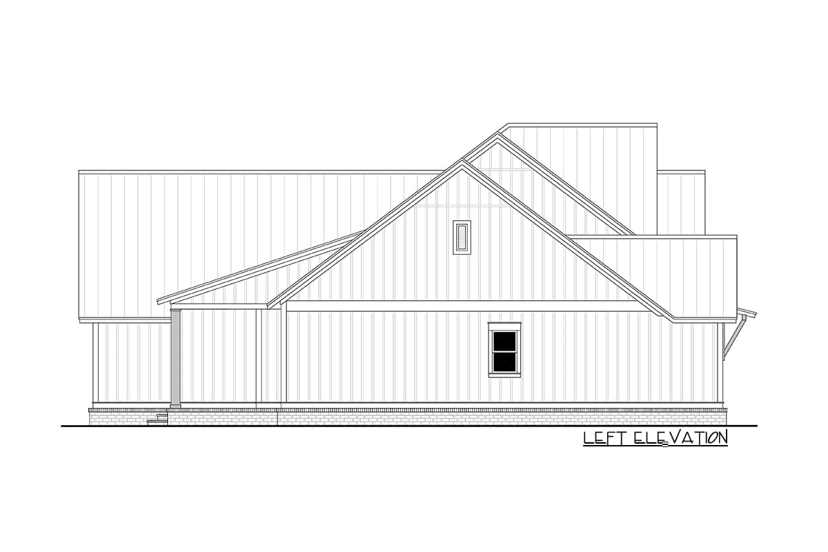 Line drawing of a house's left elevation, showcasing a multi-gabled roof, vertical siding, and a small porch area, labeled as 'Left Elevation'.