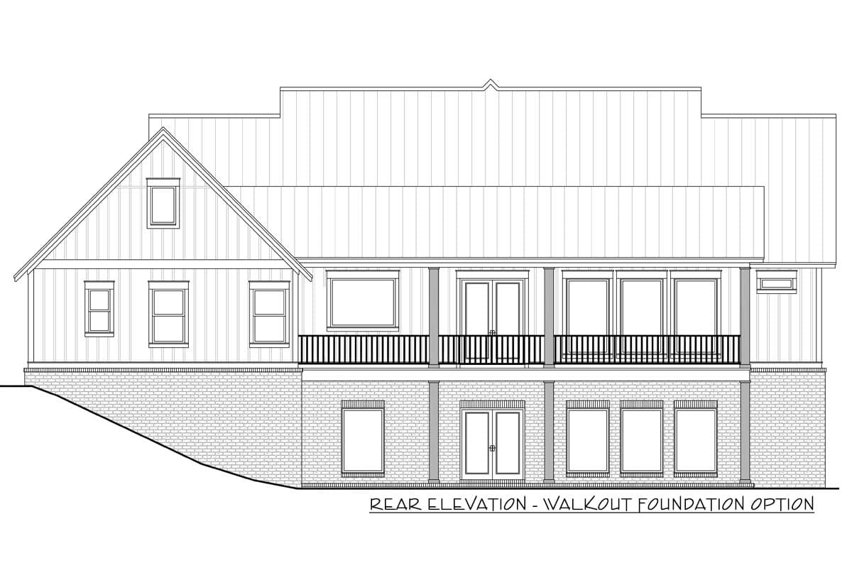 Architectural drawing of a house rear elevation with a walkout foundation option, featuring windows, a porch, and a brick foundation.