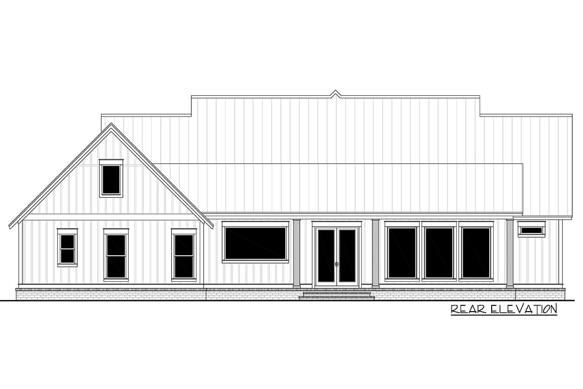 A rear elevation architectural drawing of a modern house, featuring large windows and doors, and a gabled section on the left side.
