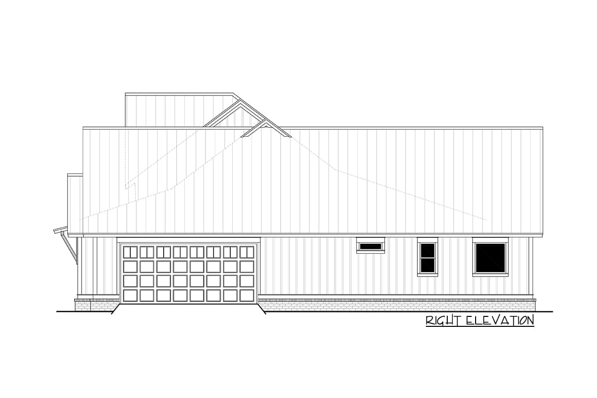 Architectural elevation of a house, right side view. Features a garage door, multiple windows, and a multi-level roof design with the words "RIGHT ELEVATION".