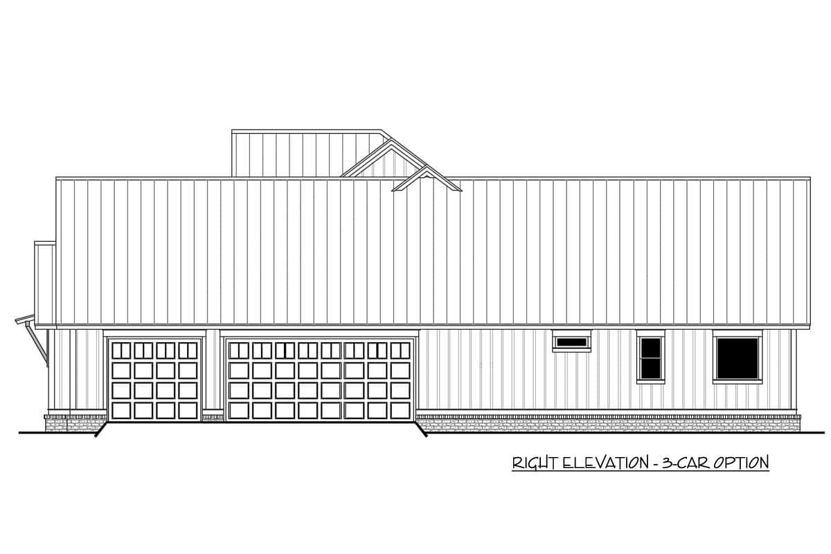 Line drawing of a house elevation with three garage doors and multiple windows. The text at the bottom reads "Right Elevation - 3-car option."