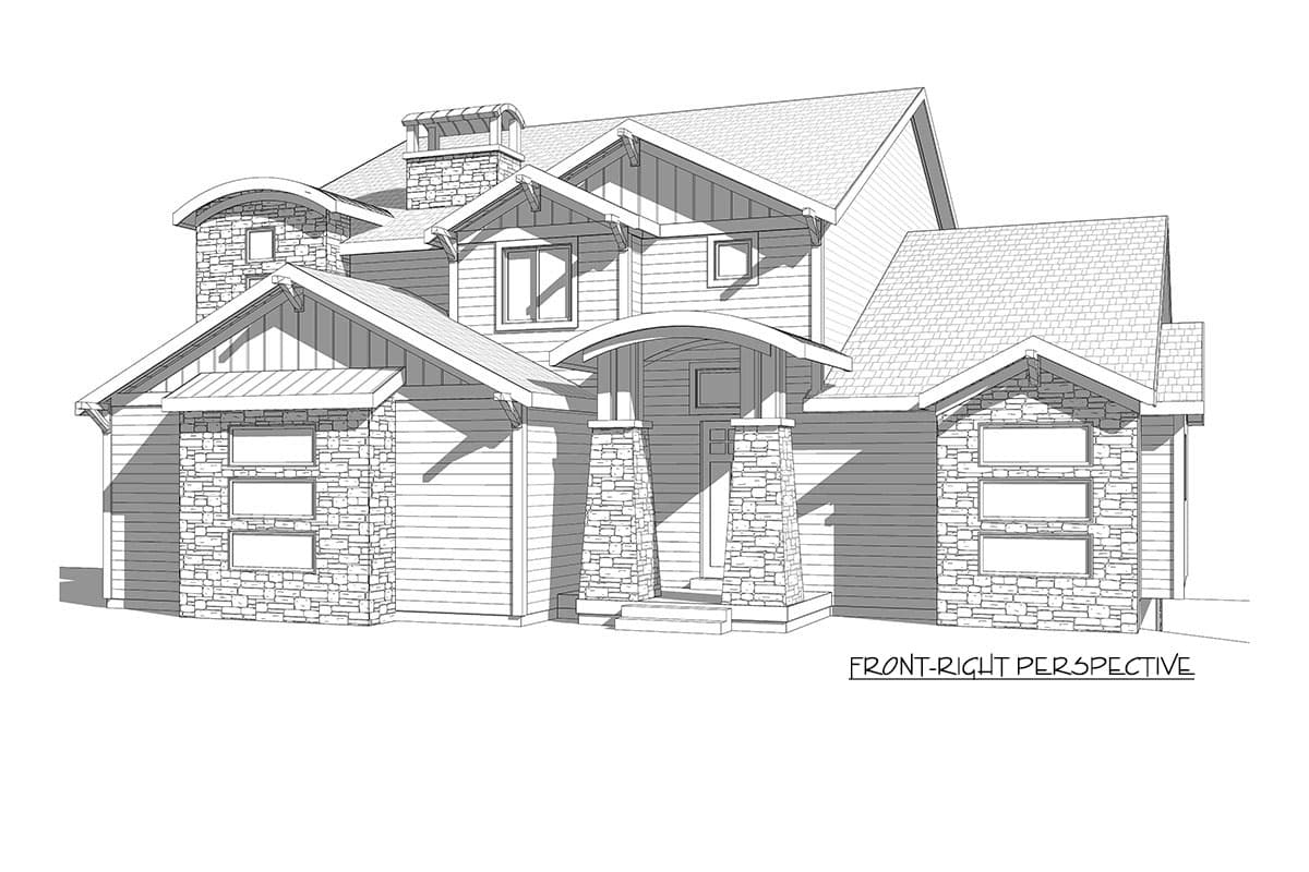 House plan exterior: Two-story home with stone accents, gables, arched dormers, prominent chimney, and covered entry.