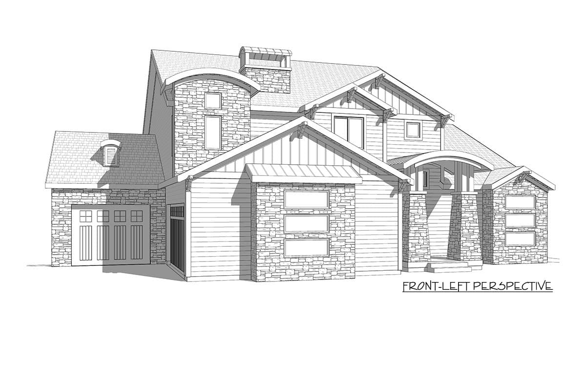 House plan exterior, two stories, stone chimney, dormer, covered entry with stone pillars.