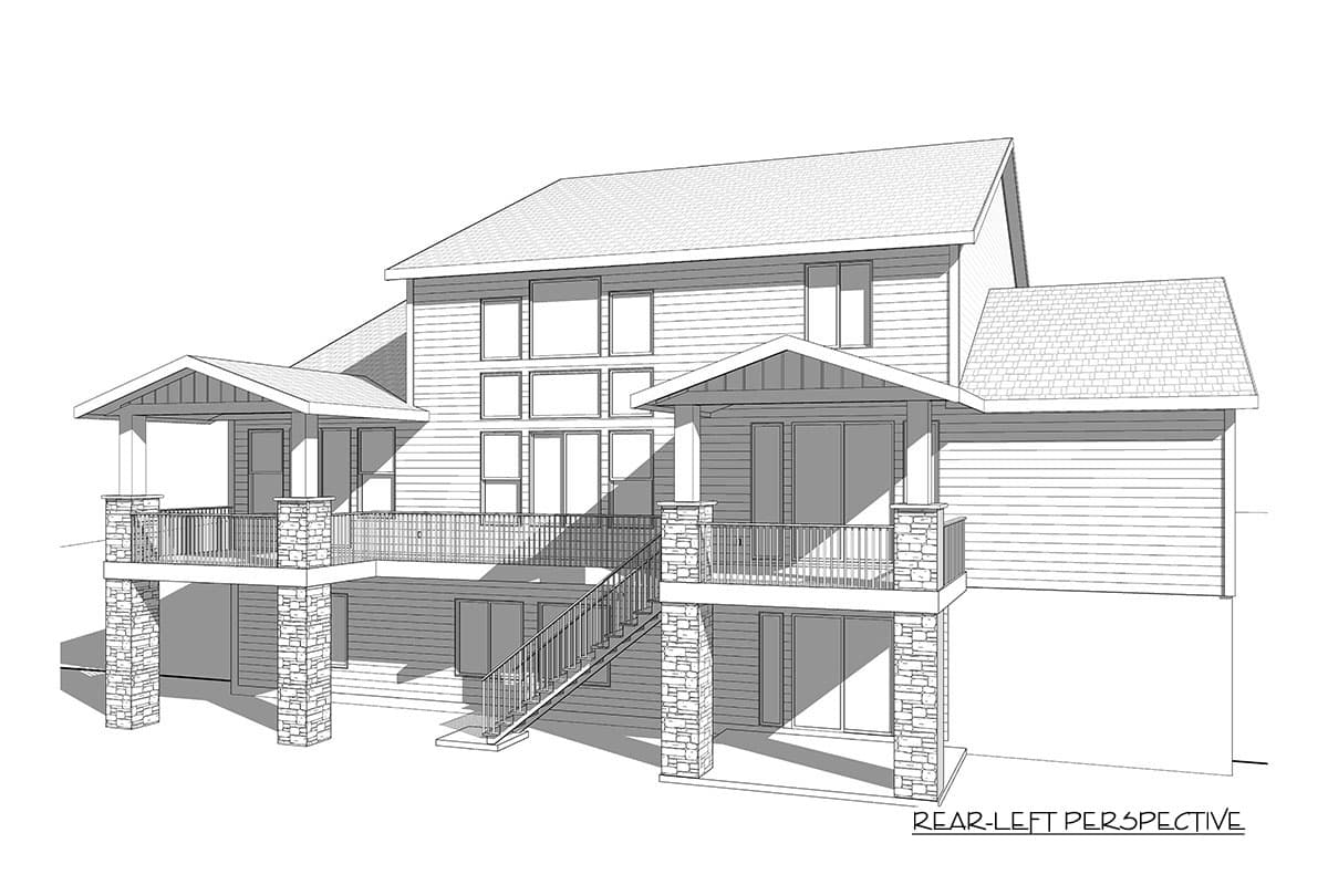 House plan exterior, two stories, with stacked stone porch columns, gabled roofs over porches, and a multi-window wall.