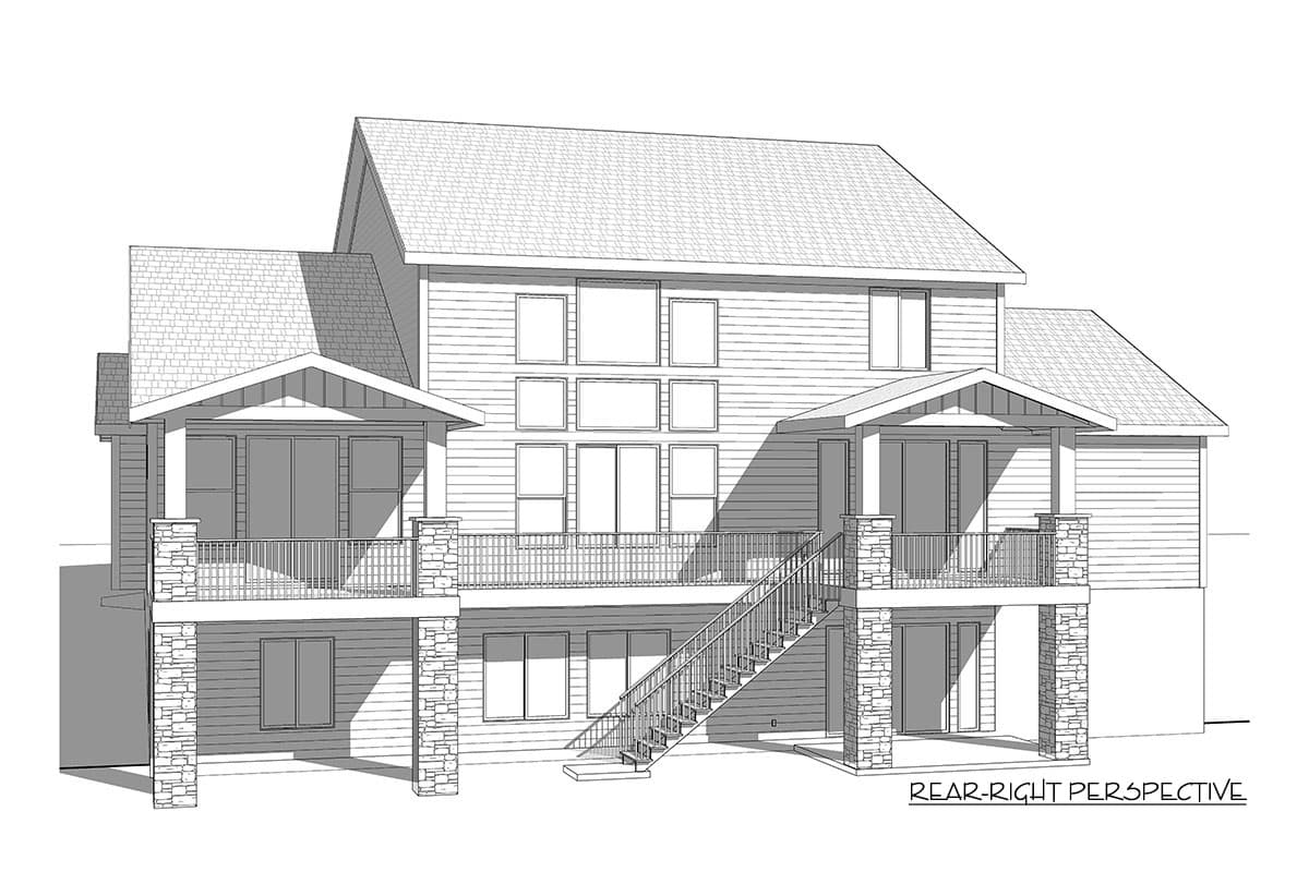 House plan exterior: Two-story dwelling with gabled dormers, covered porches with stone pillars, and a multi-window wall.