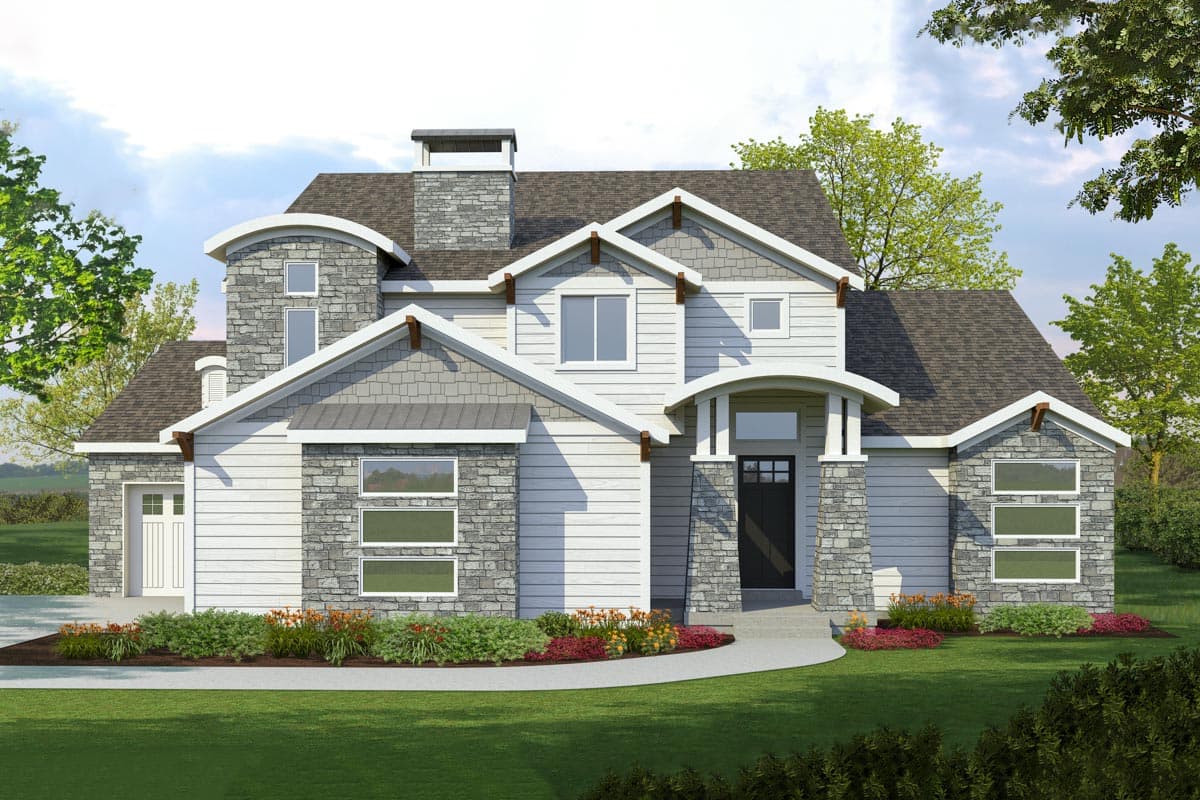 House plan exterior: Two-story home with stone accents, prominent gables, arched entryway, and attached garage.