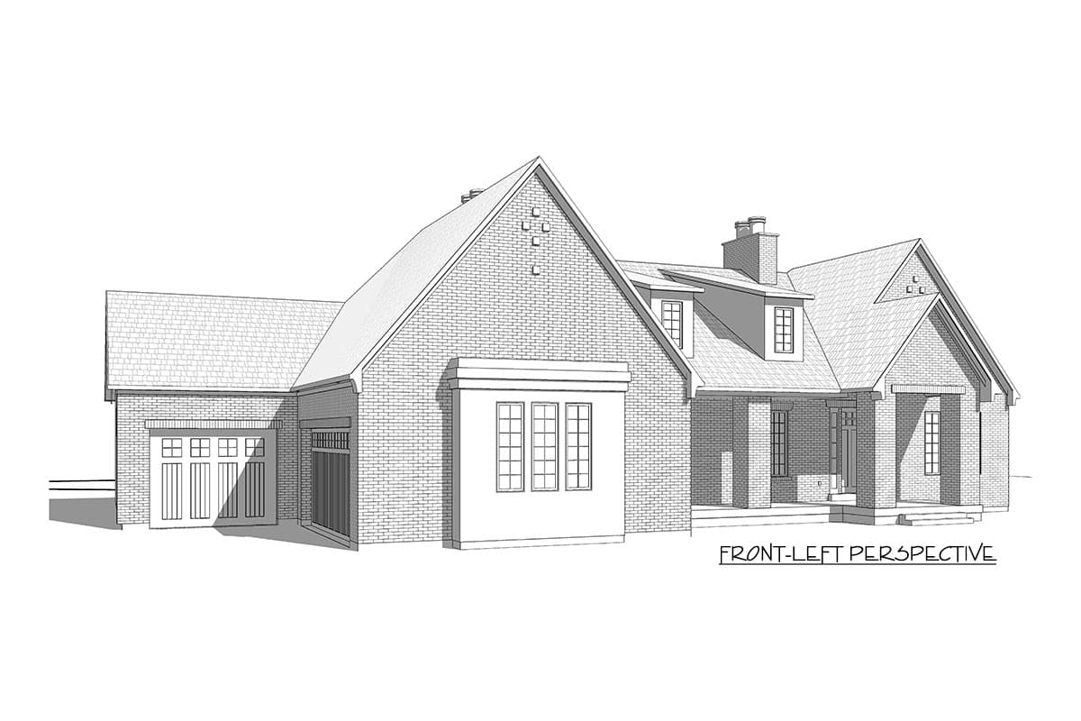 House plan exterior, one-story brick dwelling with attached garage, covered porch, and gabled dormers.