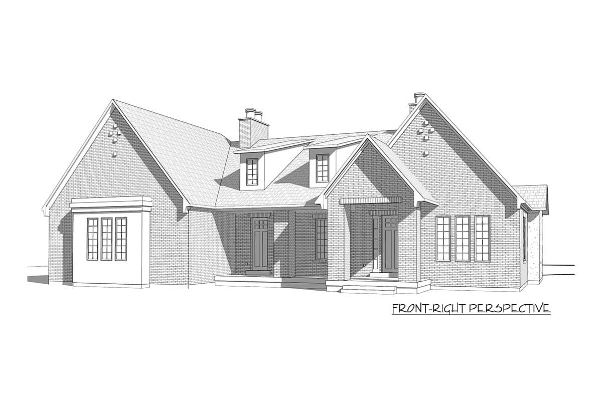 House plan exterior perspective: One-story brick home with gabled dormers, a covered front porch, and bay windows.