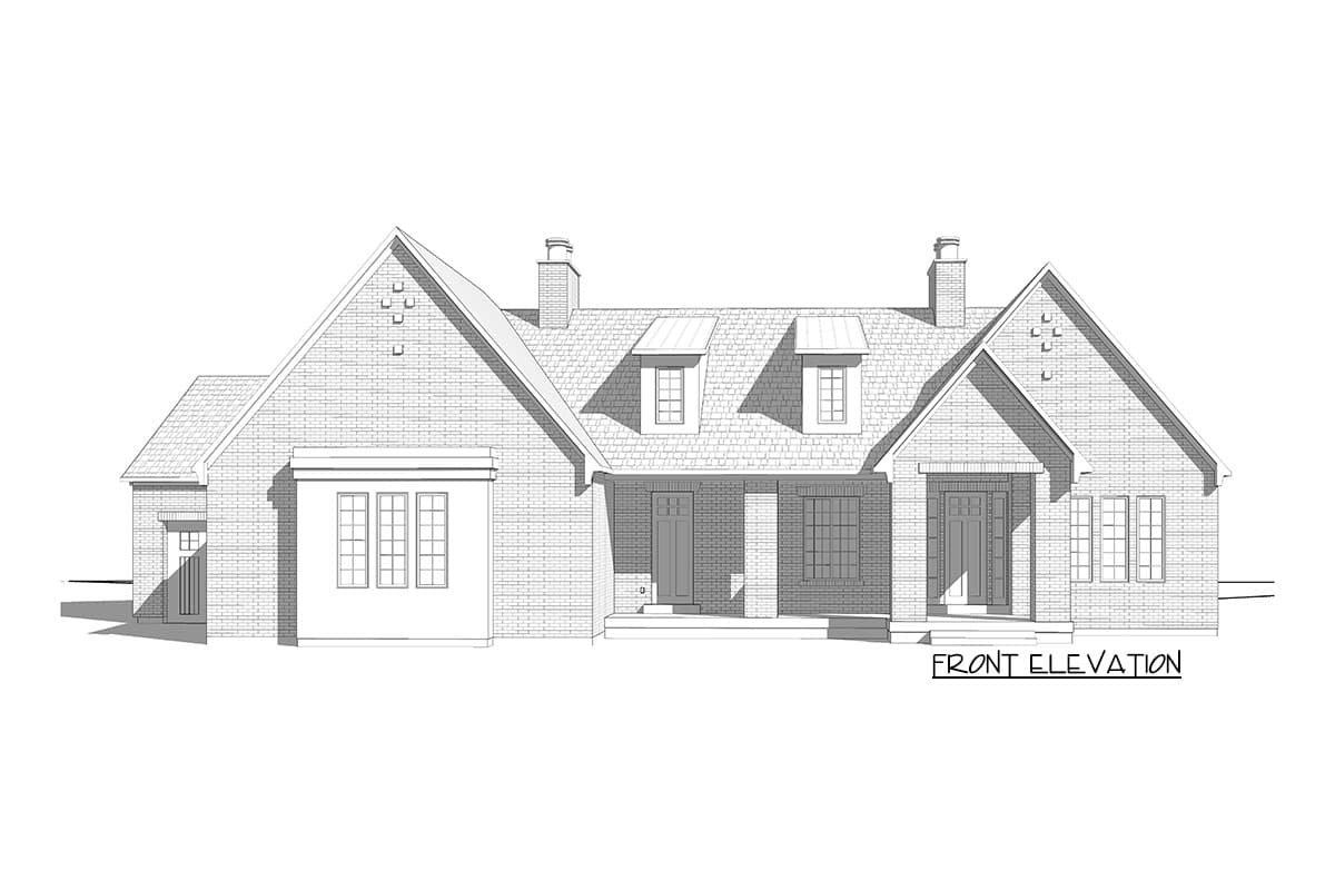 Front elevation drawing of a one-story house with a brick exterior, central porch, and multiple gables.