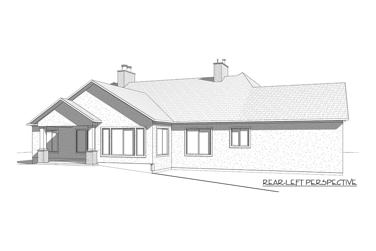 House plan exterior, one story, with covered entry, multiple gables, and two chimneys.