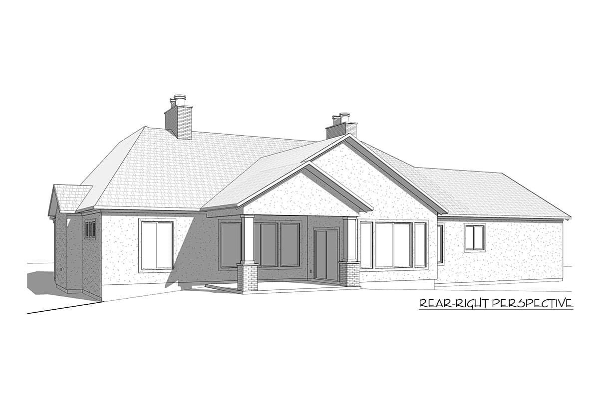 Rear-right perspective of a single-story house plan with a covered porch, gabled rooflines, and two chimneys.