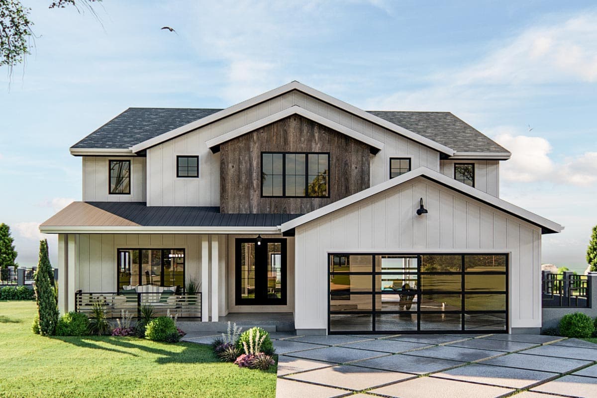 House plan exterior. Two-story Modern Farmhouse with gables, a covered porch, and a glass-paneled garage door. Features include wood siding accent.