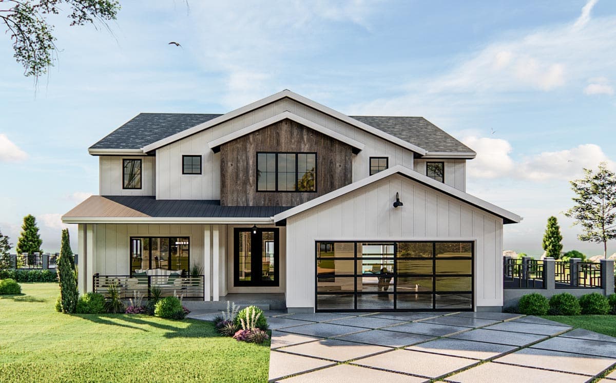 Modern Farmhouse house plan exterior with a two-story design, covered porch, gable rooflines, and a glass garage door.
