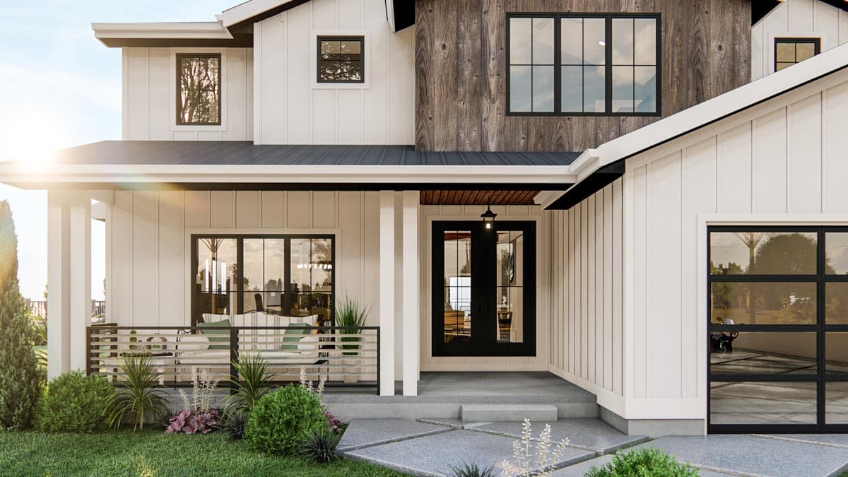 Modern Farmhouse house plan exterior with board and batten siding, a covered porch, dormers, and a wood-accented gable.