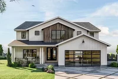 3-Bed New American House Plan with Exposed Beamed Entryway