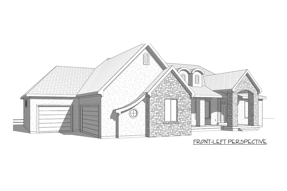House plan exterior from front-left perspective. Two-story design with stone facade, arched entry, dormers, and a three-car garage.