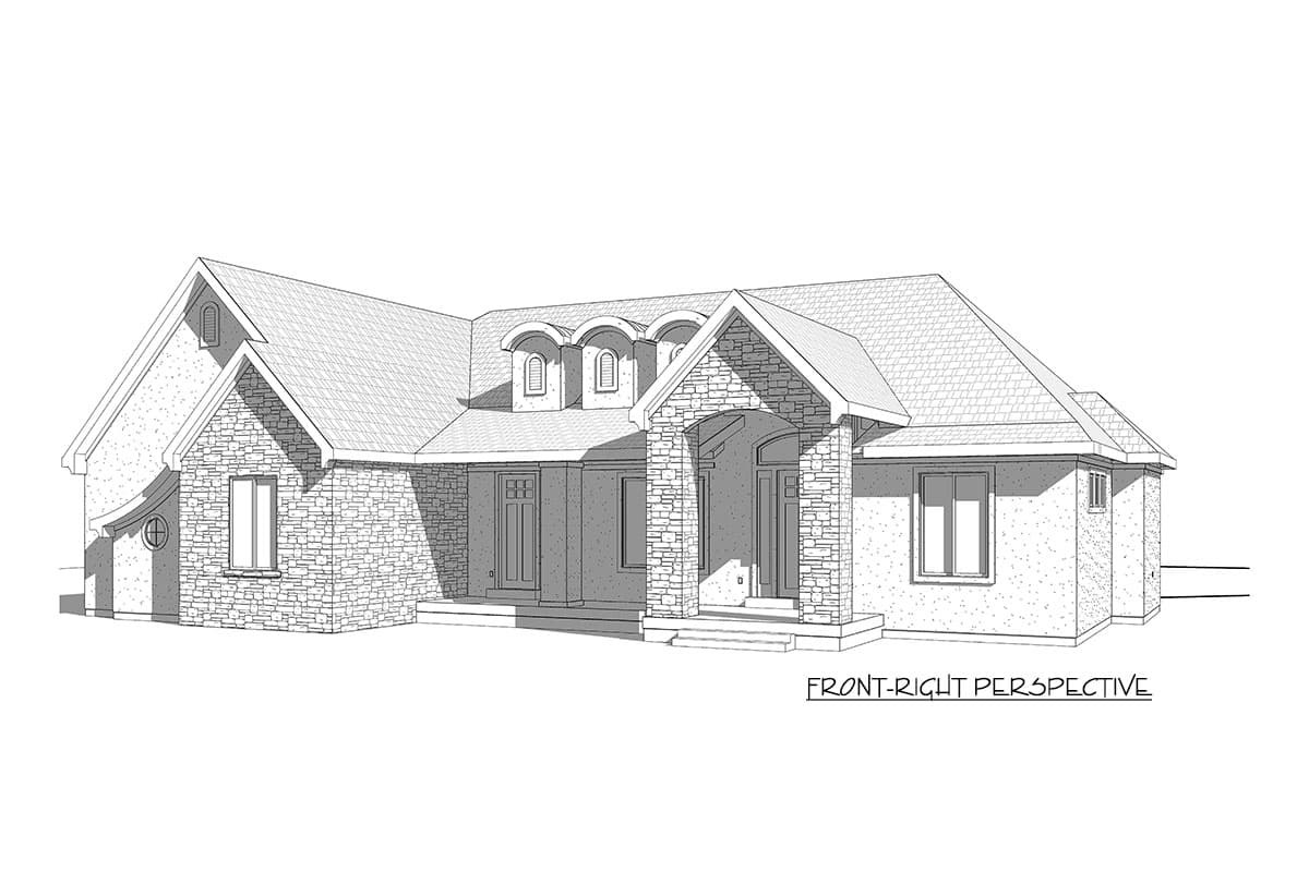 House plan exterior, front-right perspective. Stone accents, arched dormers, and covered entry.