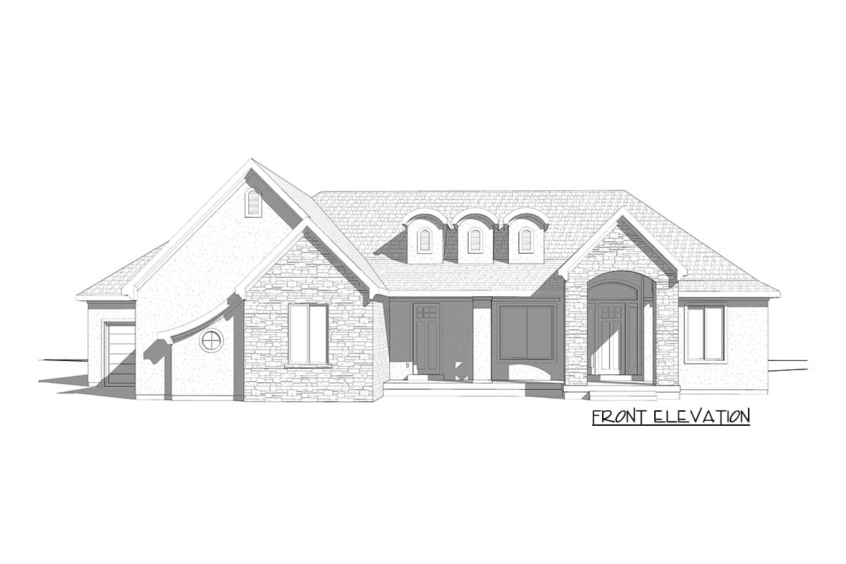 Front elevation house plan with stone and stucco, single-story, prominent gables, arched dormers, and attached garage.