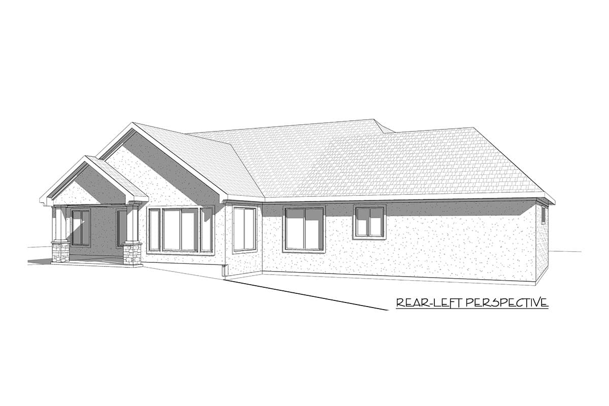 House plan exterior, single-story, with covered entry porch and multiple gables.