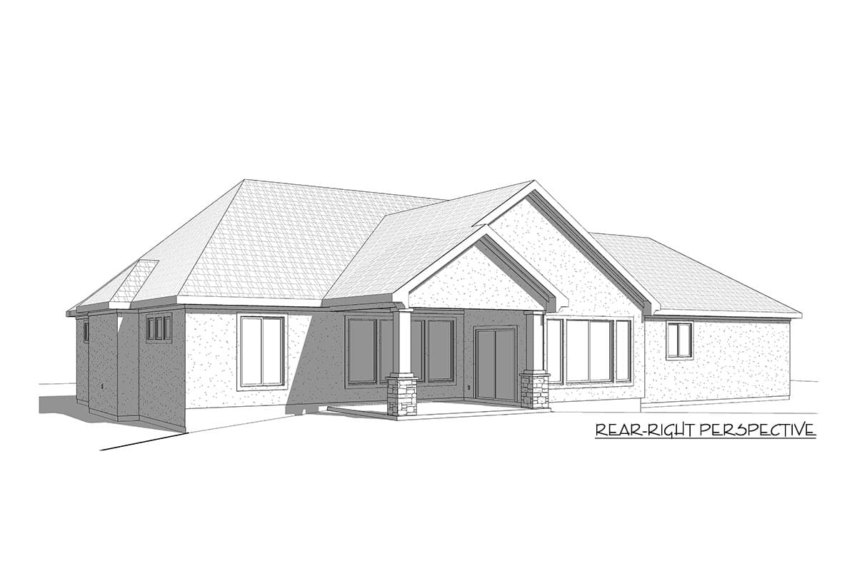 House plan exterior, single-story home with a covered rear patio, multiple gables, and stone-accented columns.