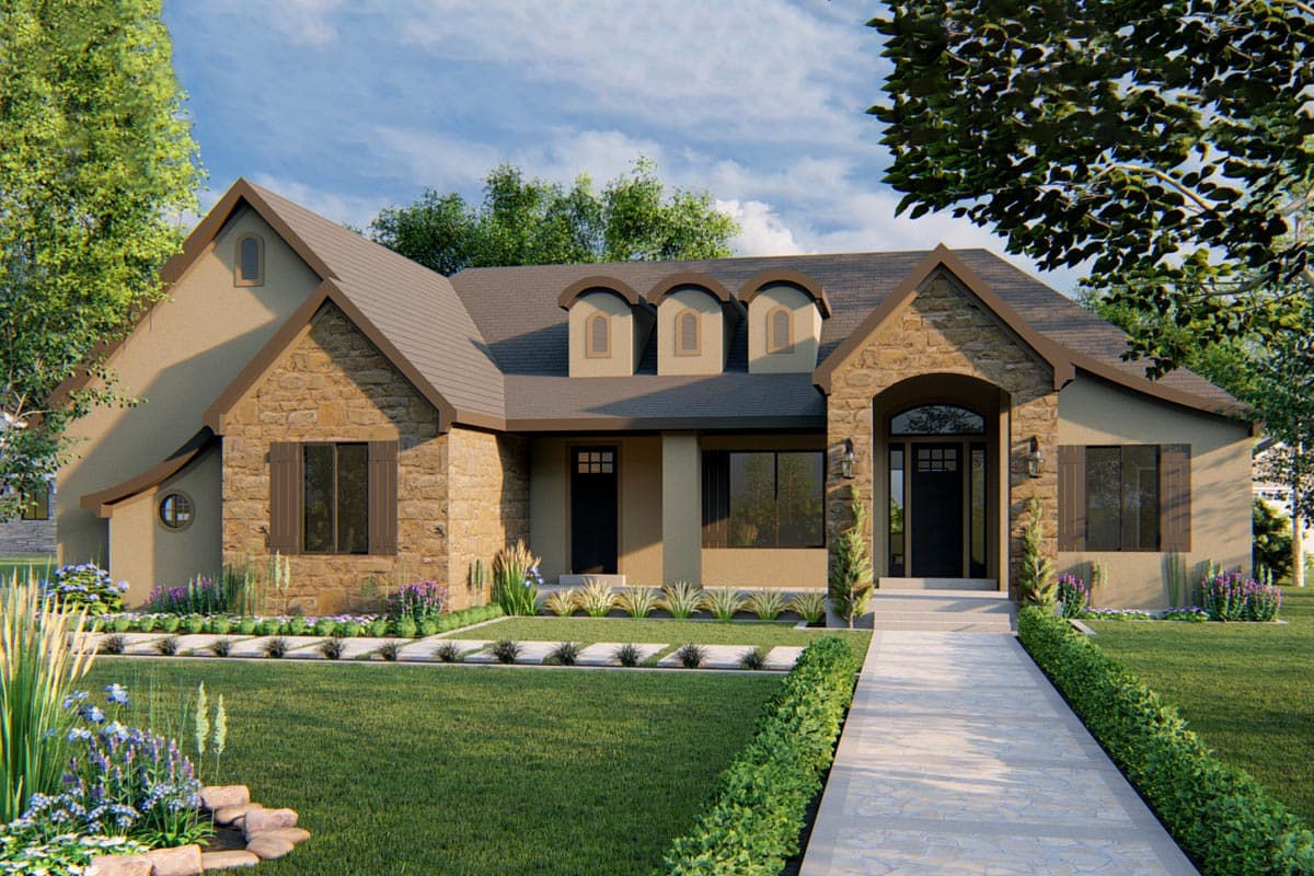 House plan exterior with stone facade, arched entryway, and multiple gables. Features a combination of window shutters and arched dormers.