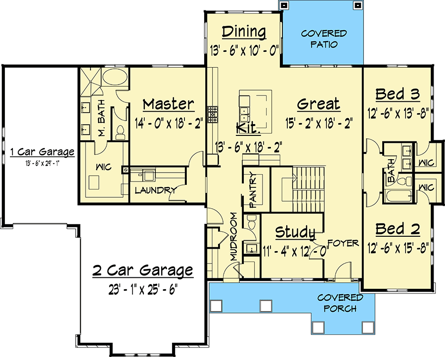 Plan 910008WHD: Exclusive Country Craftsman Home Plan with Split Bedrooms - Floor Plan - Main Level - Country, Craftsman, New American